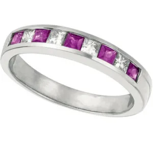 0.80 Carat Natural Diamond & Ruby Ring Band 14K White Gold