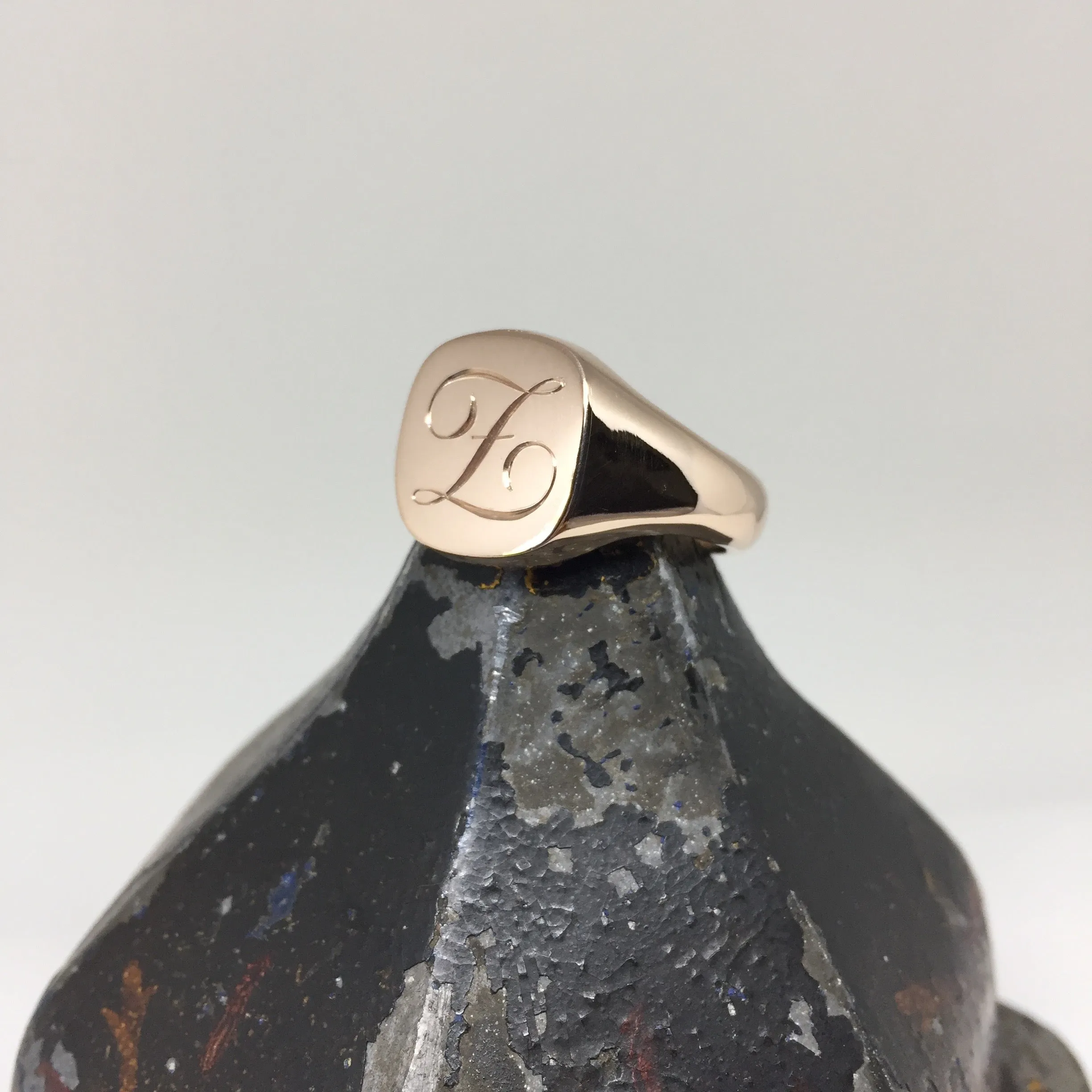 1-3 Initials Engraved  14mm x 13mm Cushion  -  9 Carat Rose Gold Signet Ring