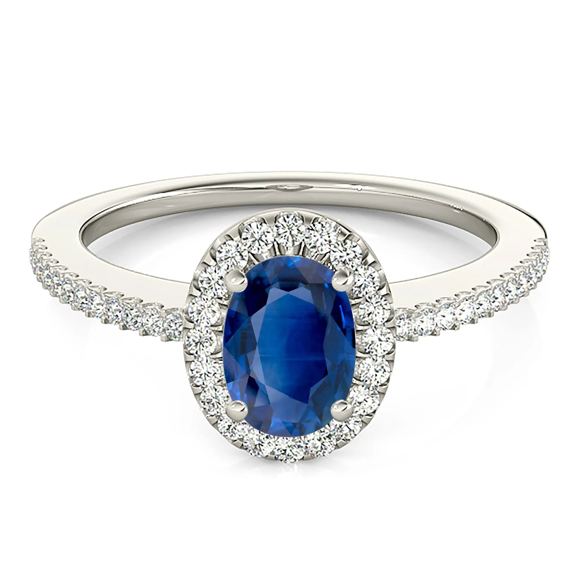 1.00 ct. Genuine Blue Oval Sapphire Ring Halo Style, Thin Diamond Band