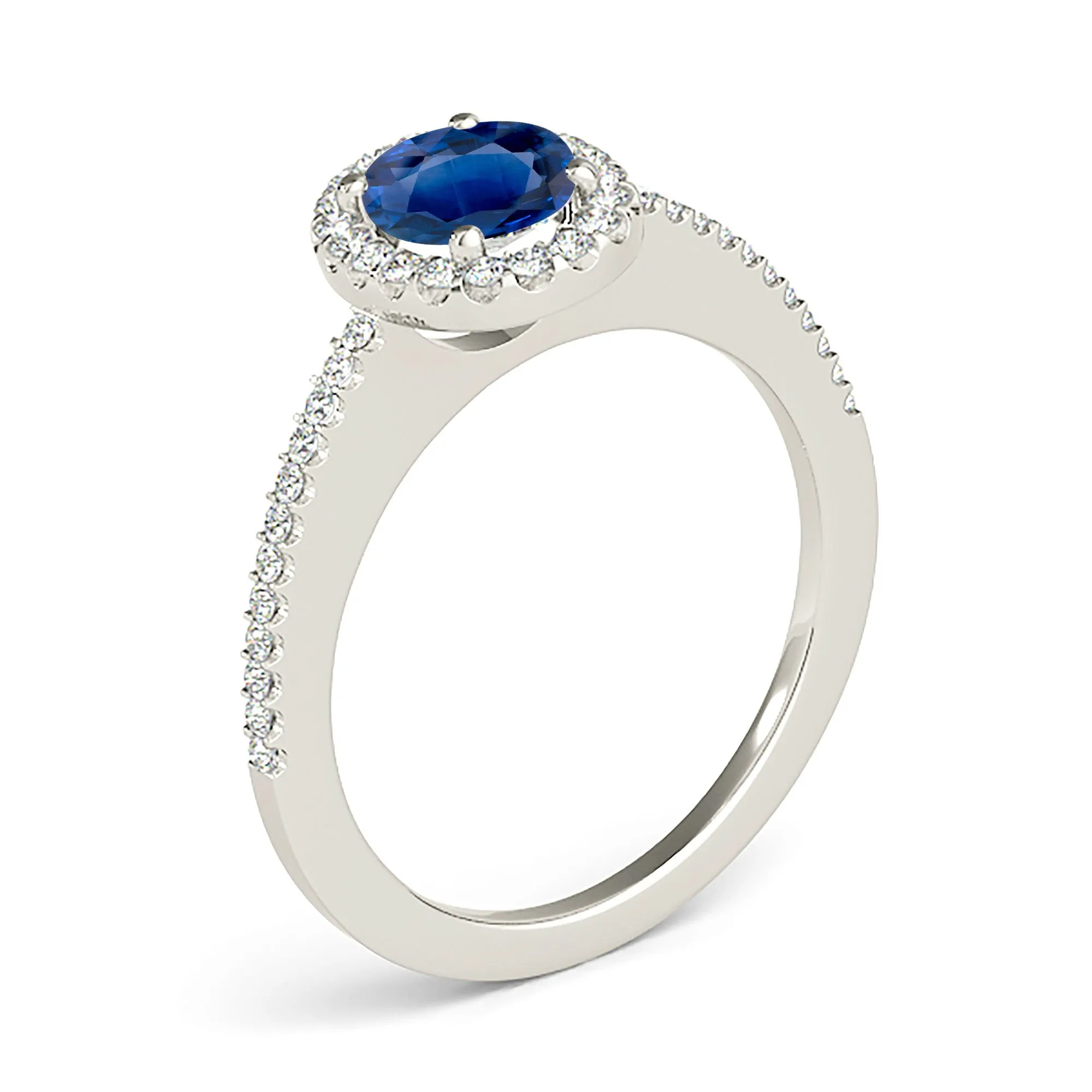 1.00 ct. Genuine Blue Oval Sapphire Ring Halo Style, Thin Diamond Band