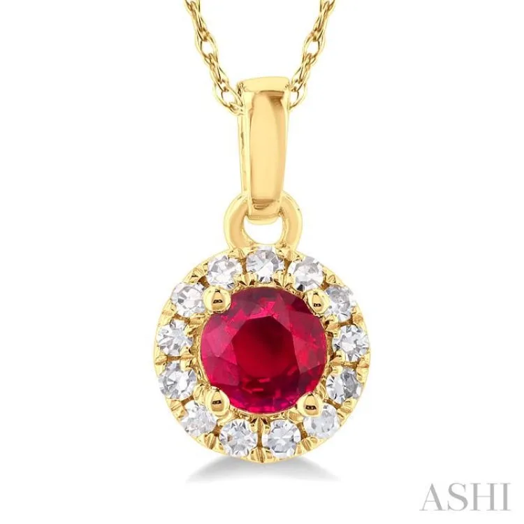 1/20 ctw Round Cut Diamond and 3.25MM Round Cut Ruby Halo Precious Pendant with Chain in 10K Yellow Gold