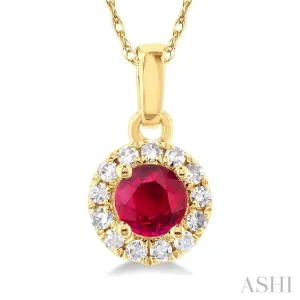 1/20 ctw Round Cut Diamond and 3.25MM Round Cut Ruby Halo Precious Pendant with Chain in 10K Yellow Gold