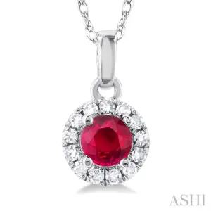 1/20 ctw Round Cut Diamond and 3.25MM Round Cut Ruby Halo Precious Pendant with Chain in 14K White Gold