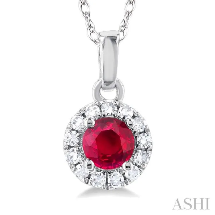 1/20 ctw Round Cut Diamond and 3.25MM Round Cut Ruby Halo Precious Pendant with Chain in 14K White Gold
