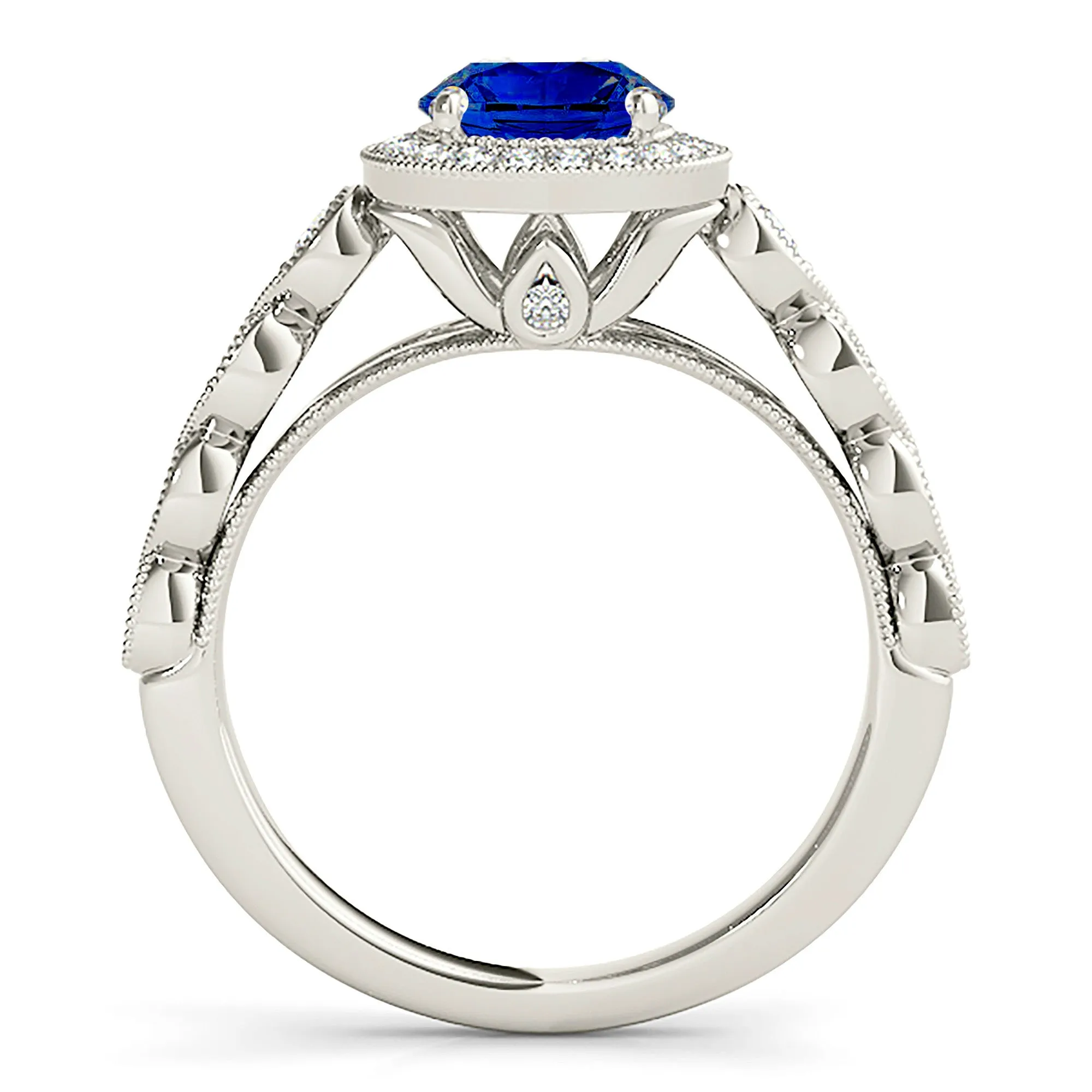 1.35 ct. Genuine Blue Sapphire Ring Milgrain Halo Style