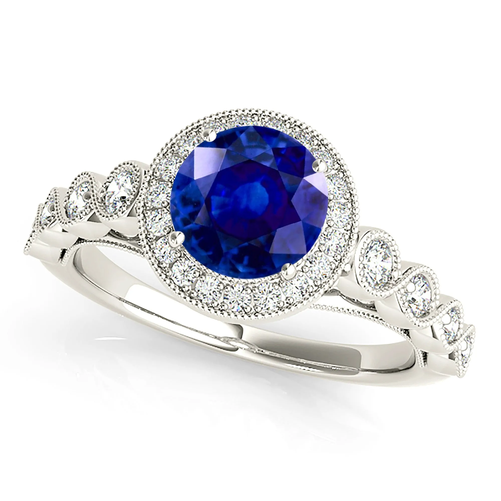 1.35 ct. Genuine Blue Sapphire Ring Milgrain Halo Style