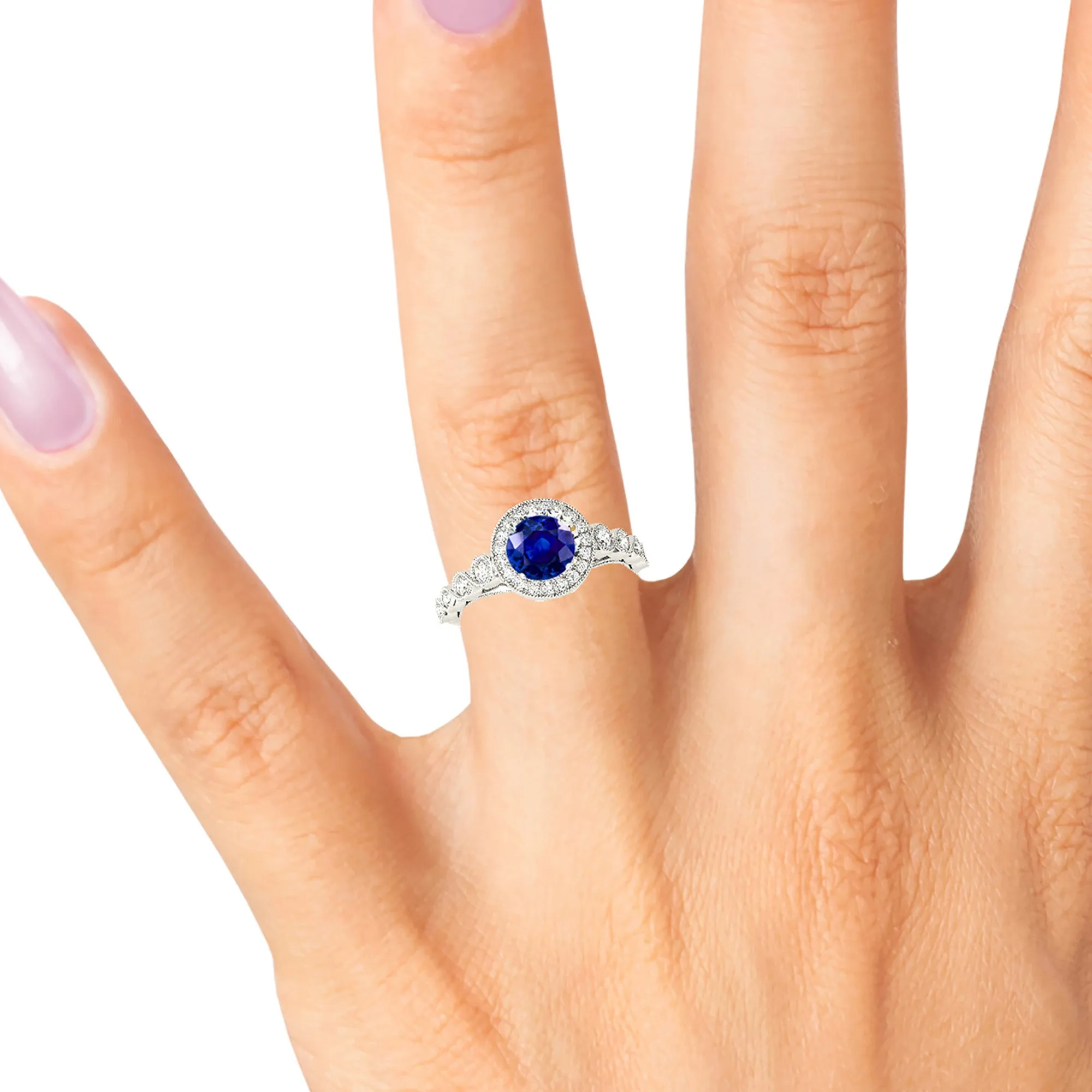 1.35 ct. Genuine Blue Sapphire Ring Milgrain Halo Style