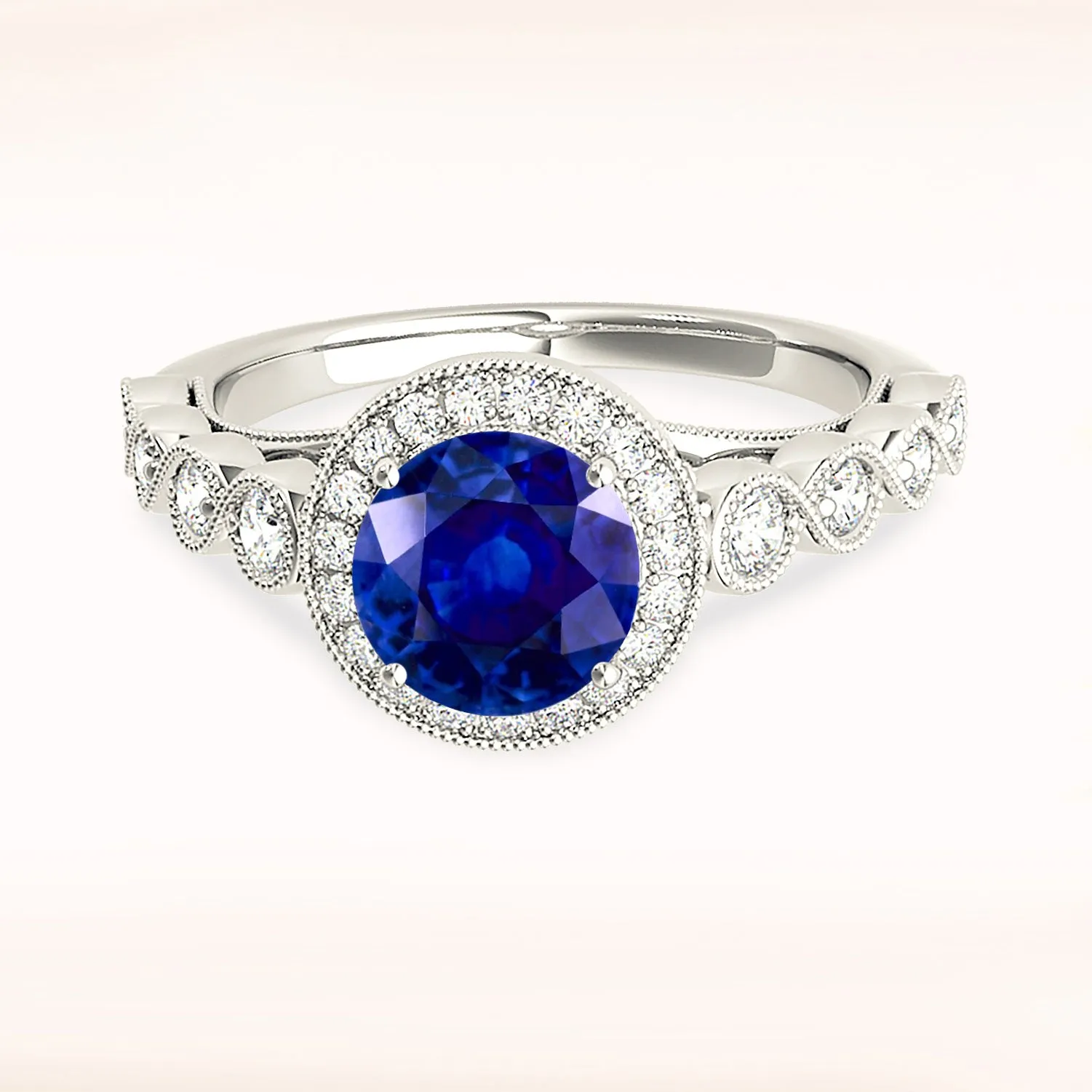 1.35 ct. Genuine Blue Sapphire Ring Milgrain Halo Style