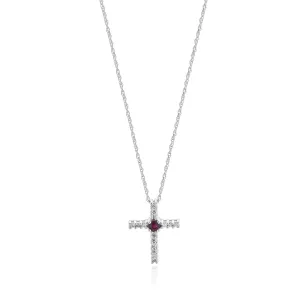 14 Karat White Gold Diamond and Ruby Cross Necklace