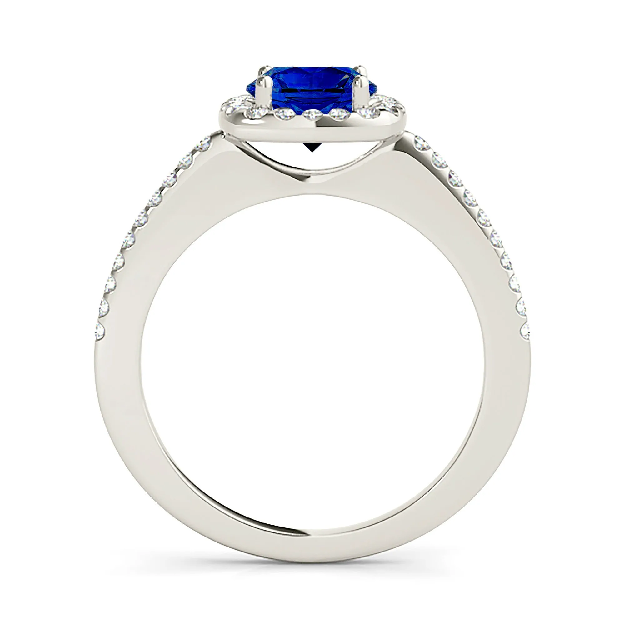 1.45 ct. Genuine Blue Sapphire Halo Ring with Side Diamonds