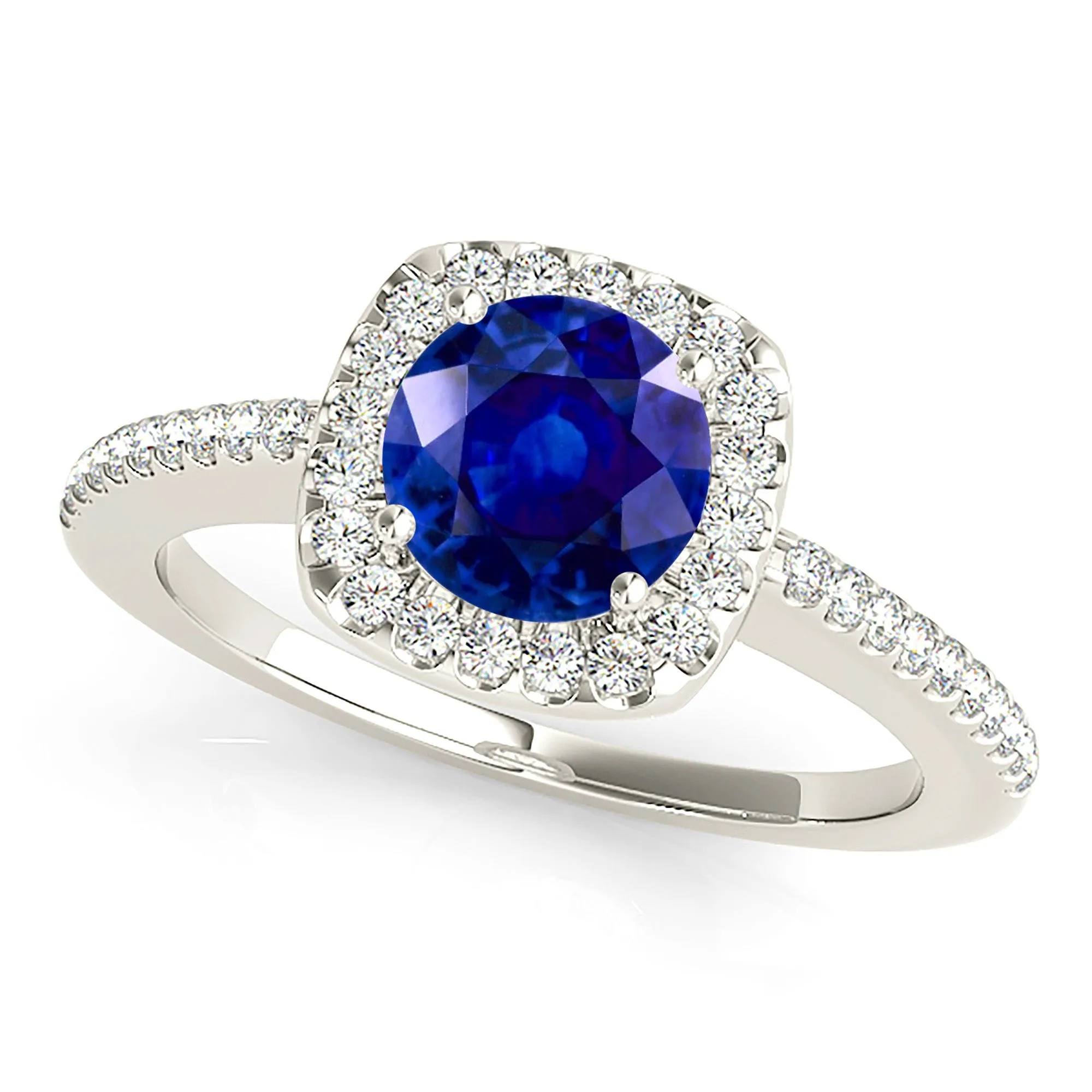 1.45 ct. Genuine Blue Sapphire Halo Ring with Side Diamonds