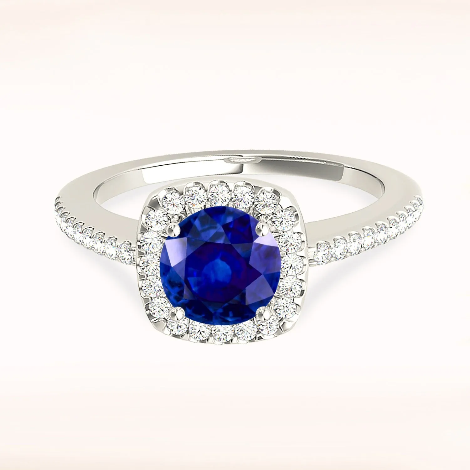 1.45 ct. Genuine Blue Sapphire Halo Ring with Side Diamonds