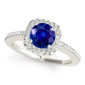1.45 ct. Genuine Blue Sapphire Halo Ring with Side Diamonds