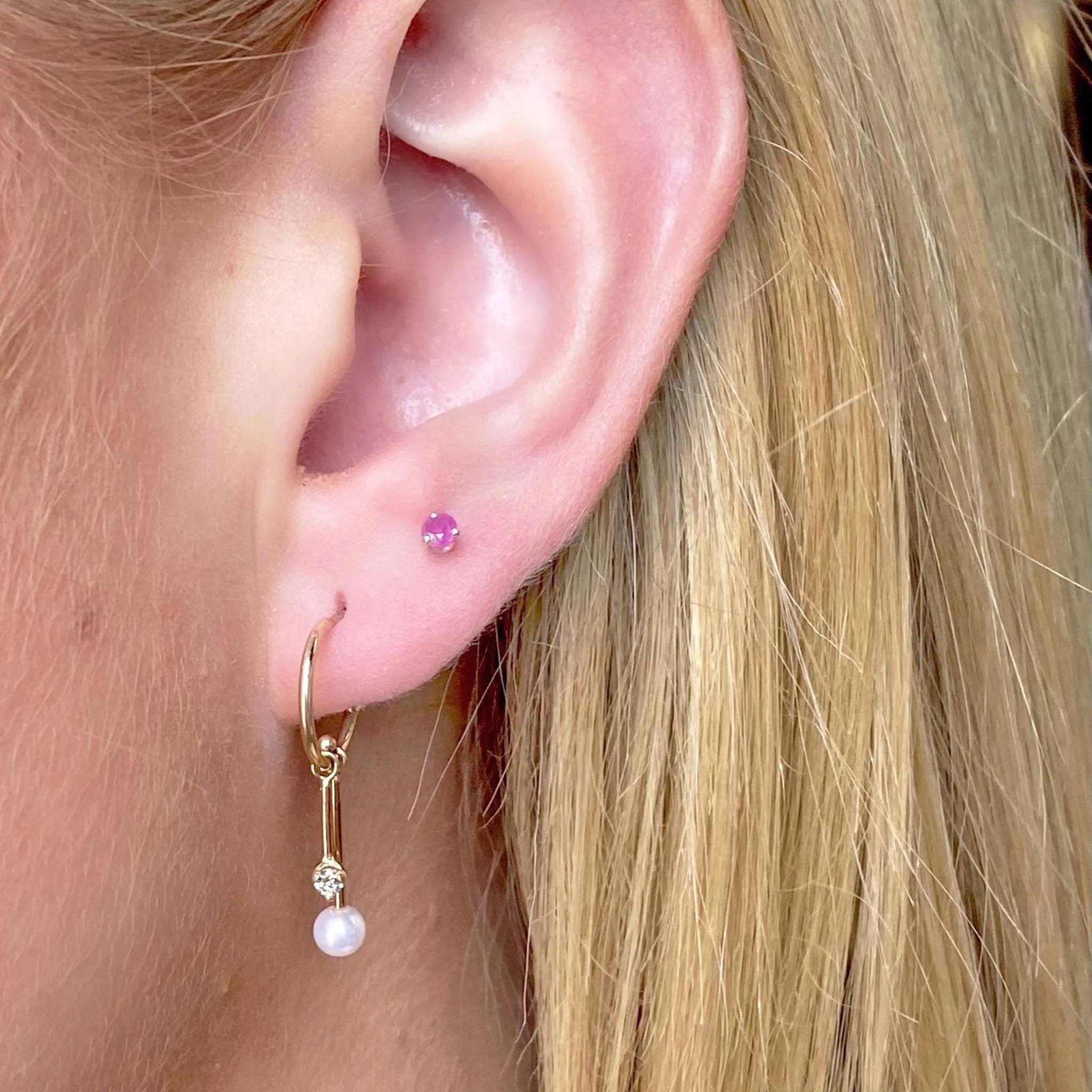 14k Dangling Diamond & Tiny Pearl Bar Thin Huggie Hoops