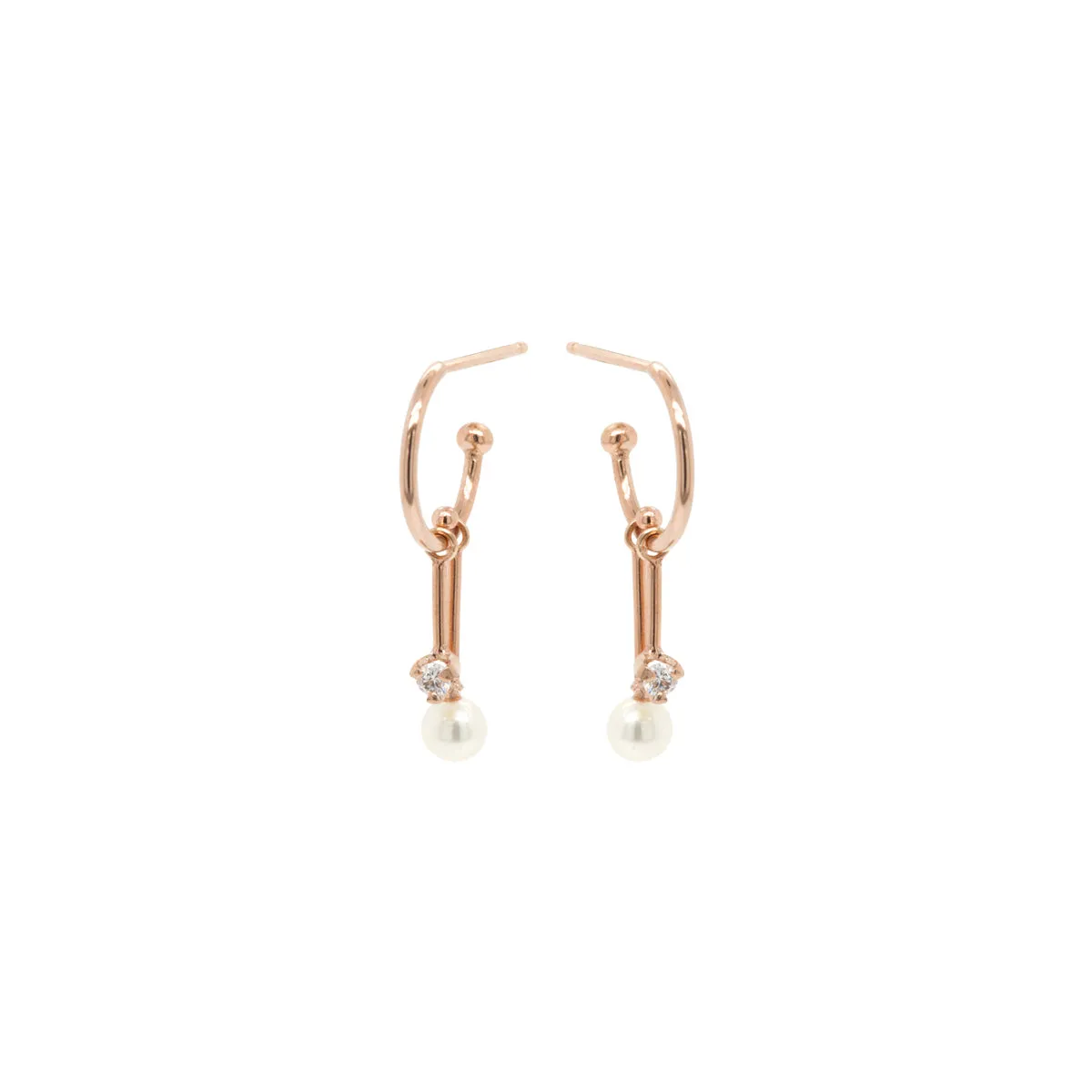 14k Dangling Diamond & Tiny Pearl Bar Thin Huggie Hoops