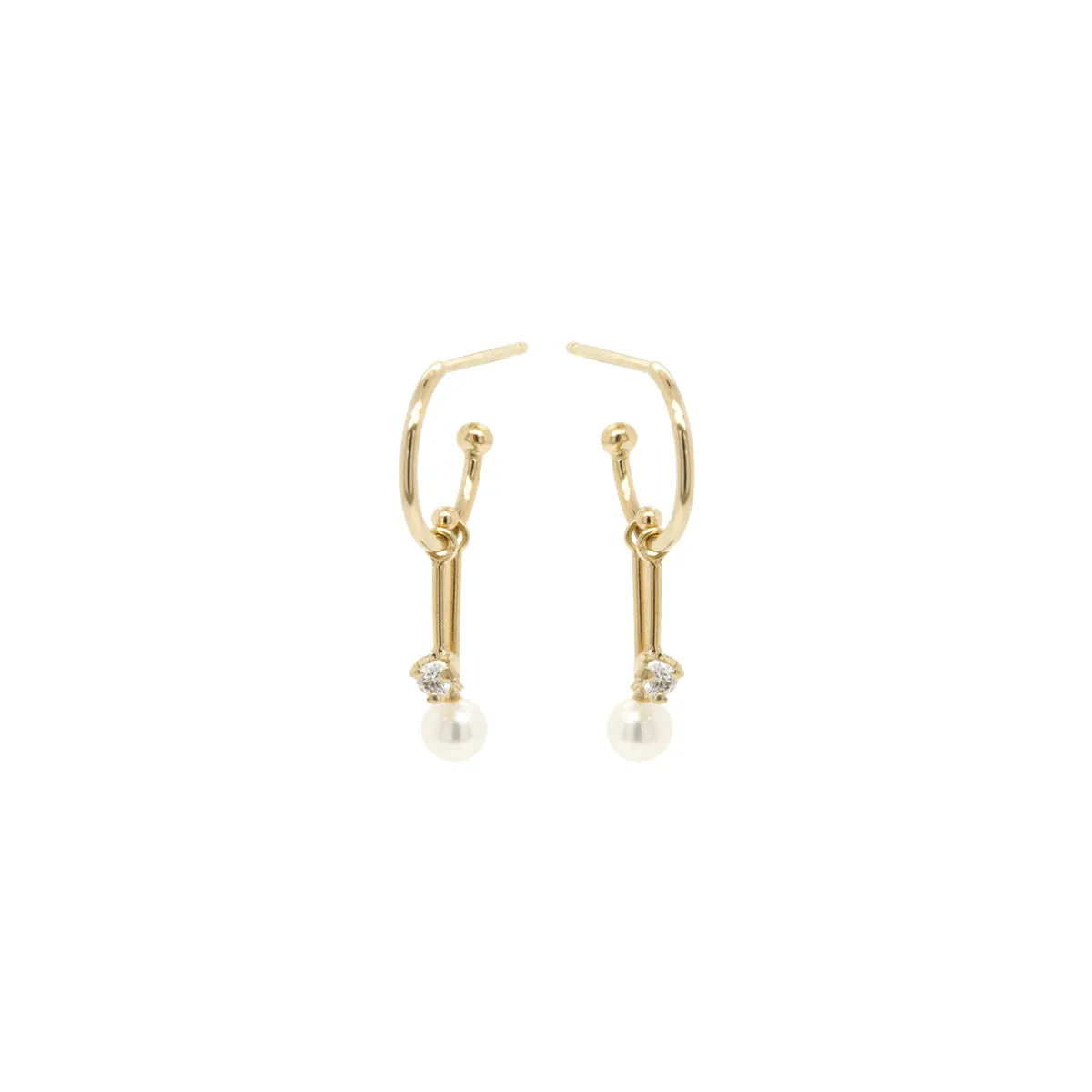 14k Dangling Diamond & Tiny Pearl Bar Thin Huggie Hoops