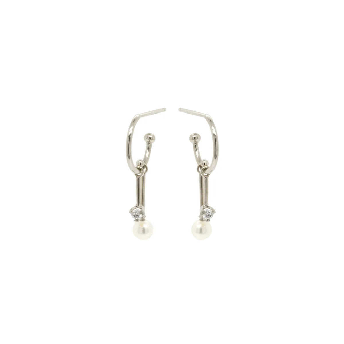 14k Dangling Diamond & Tiny Pearl Bar Thin Huggie Hoops
