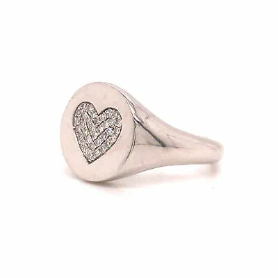 14K Diamond Pave Heart Signet Pinky Ring White Gold