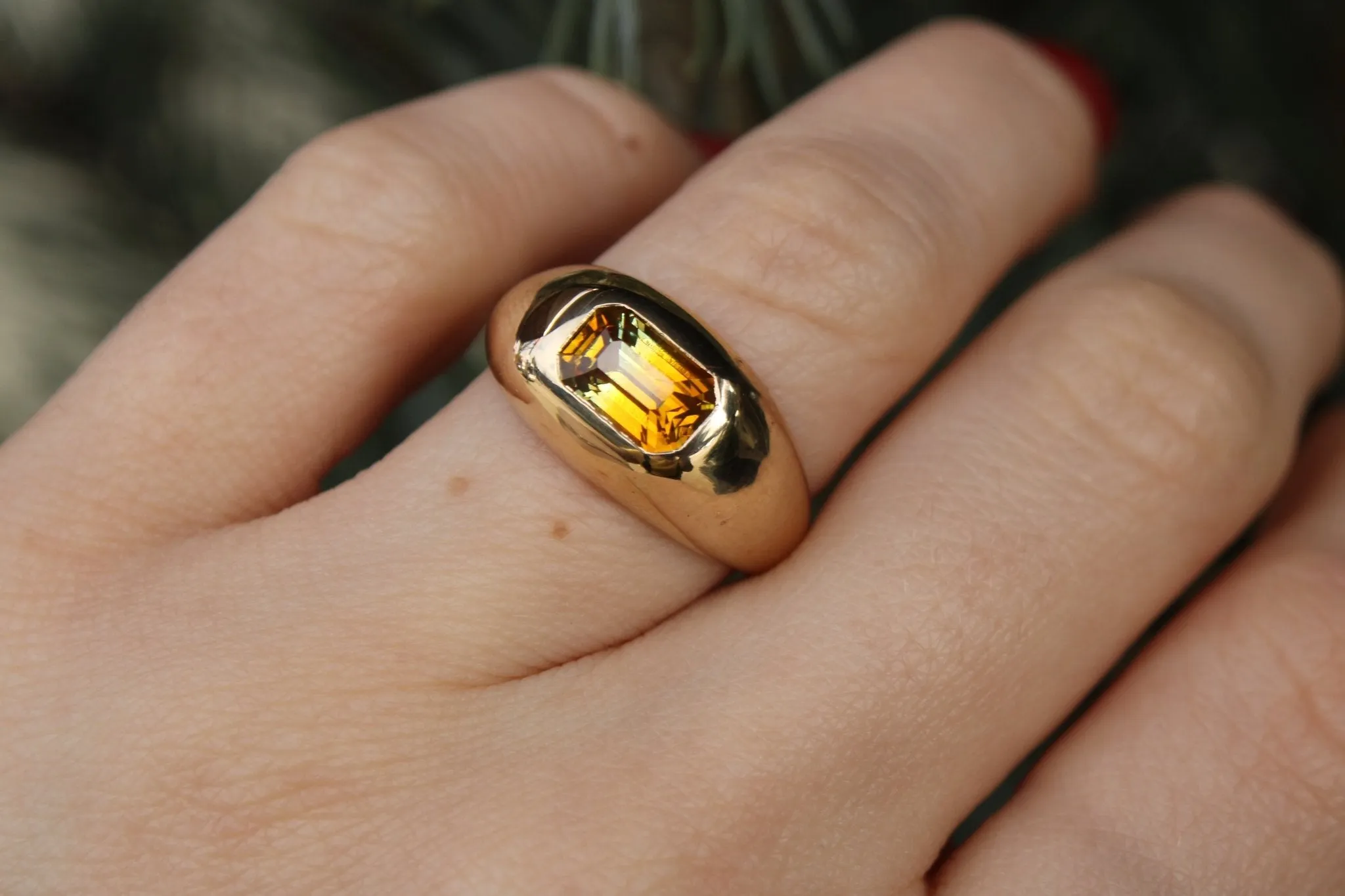 14K Emerald Cut Parti Sapphire Gypsy Signet Ring