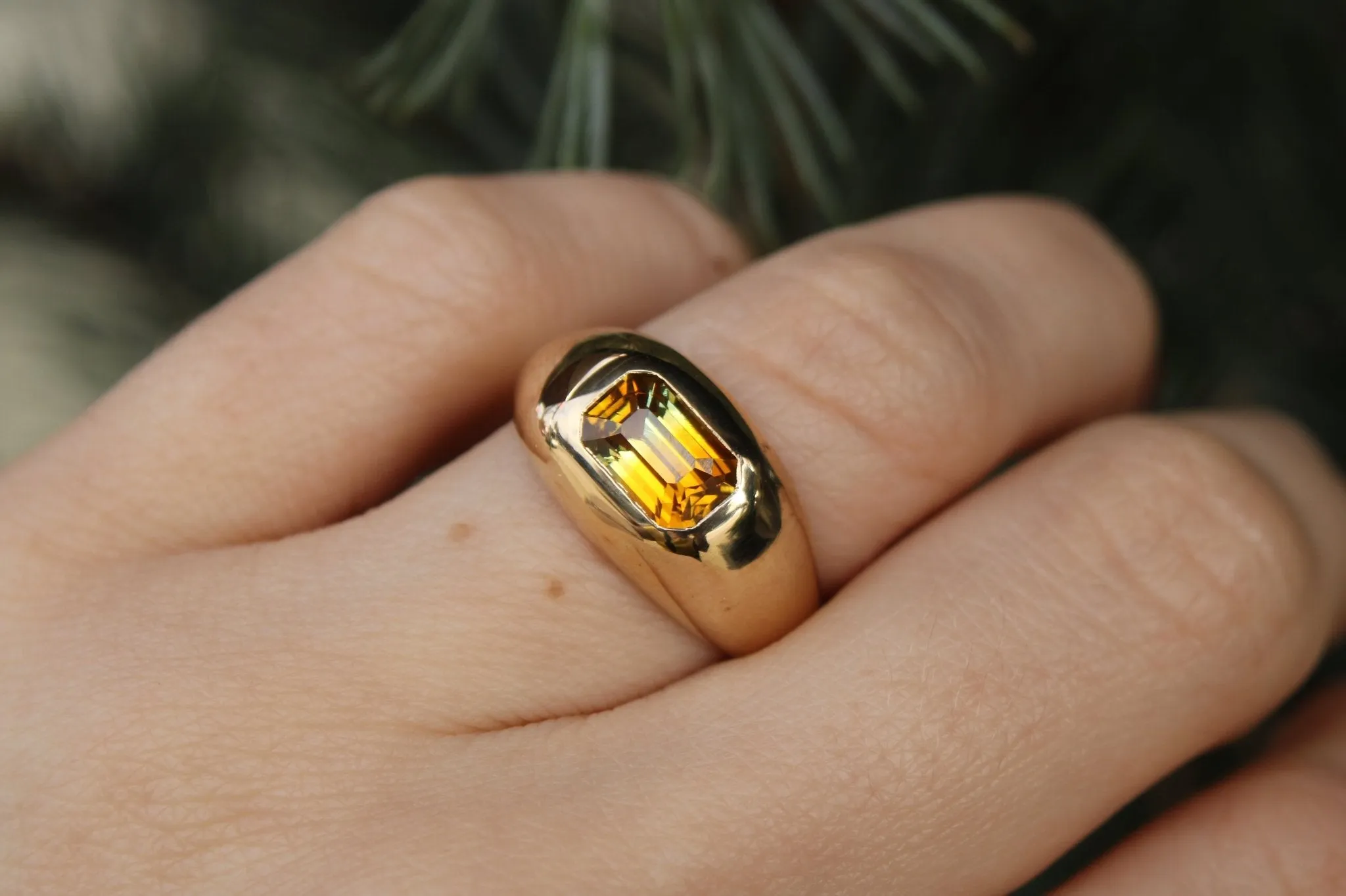 14K Emerald Cut Parti Sapphire Gypsy Signet Ring