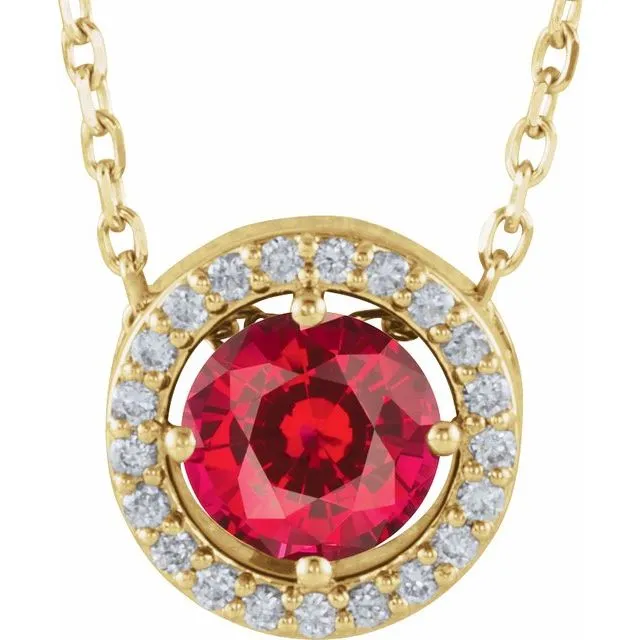 14k Gold 5mm Gemstone & .05 CTW Diamond Halo 16" Necklaces
