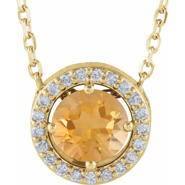 14k Gold 5mm Gemstone & .05 CTW Diamond Halo 16" Necklaces