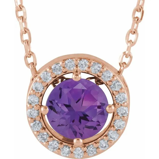 14k Gold 5mm Gemstone & .05 CTW Diamond Halo 16" Necklaces