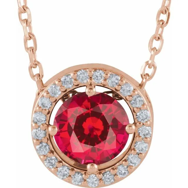14k Gold 5mm Gemstone & .05 CTW Diamond Halo 16" Necklaces