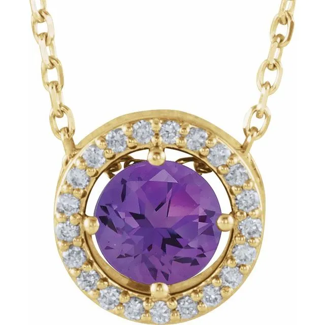 14k Gold 5mm Gemstone & .05 CTW Diamond Halo 16" Necklaces