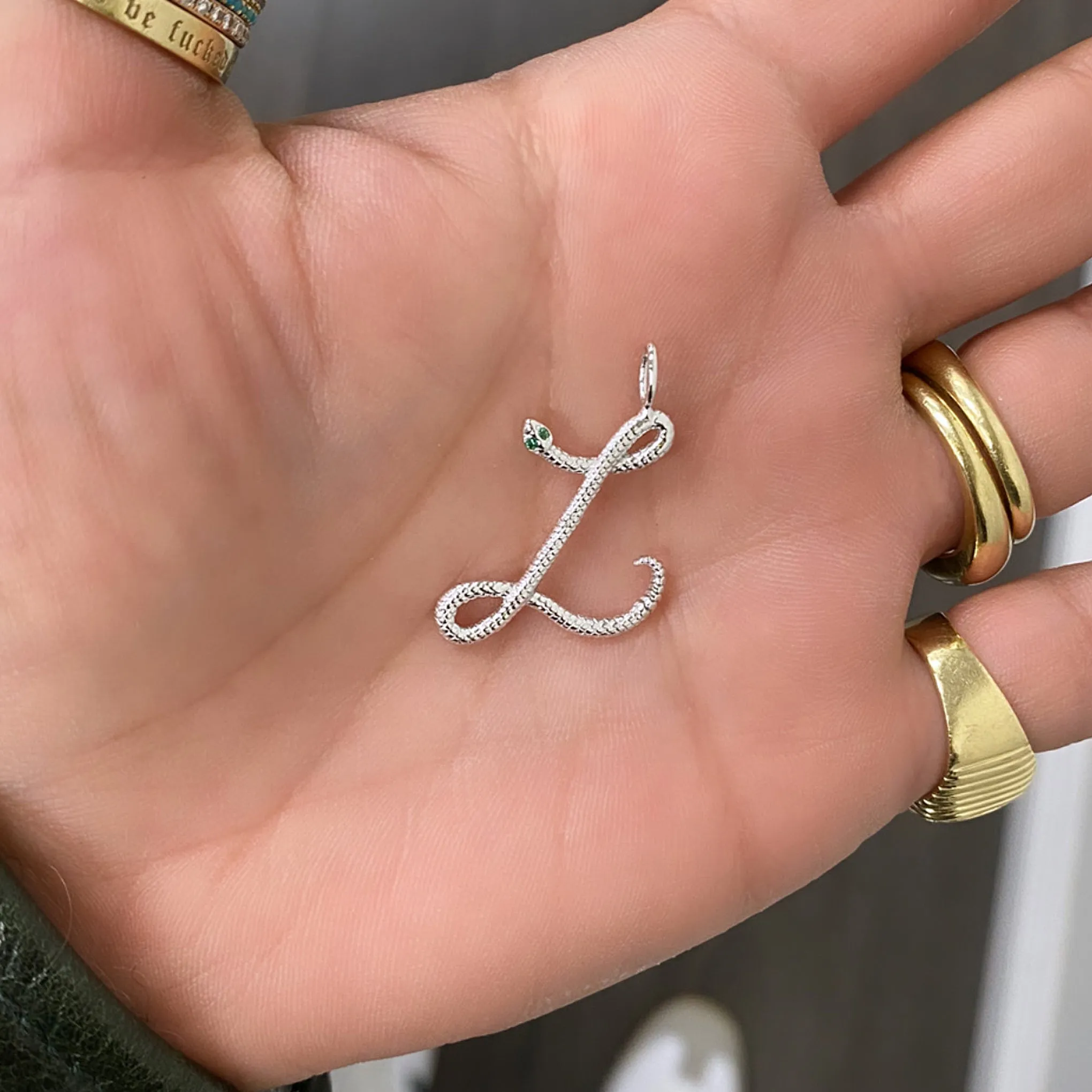 14K Gold Cursive Font Snake Initial Charm Pendant