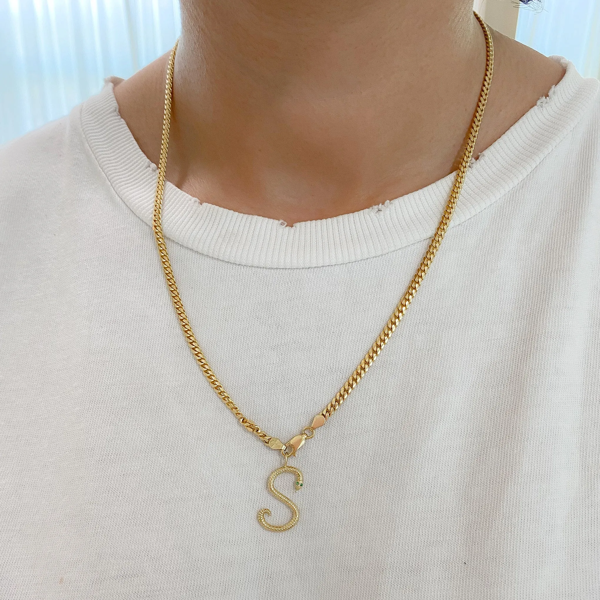 14K Gold Cursive Font Snake Initial Charm Pendant