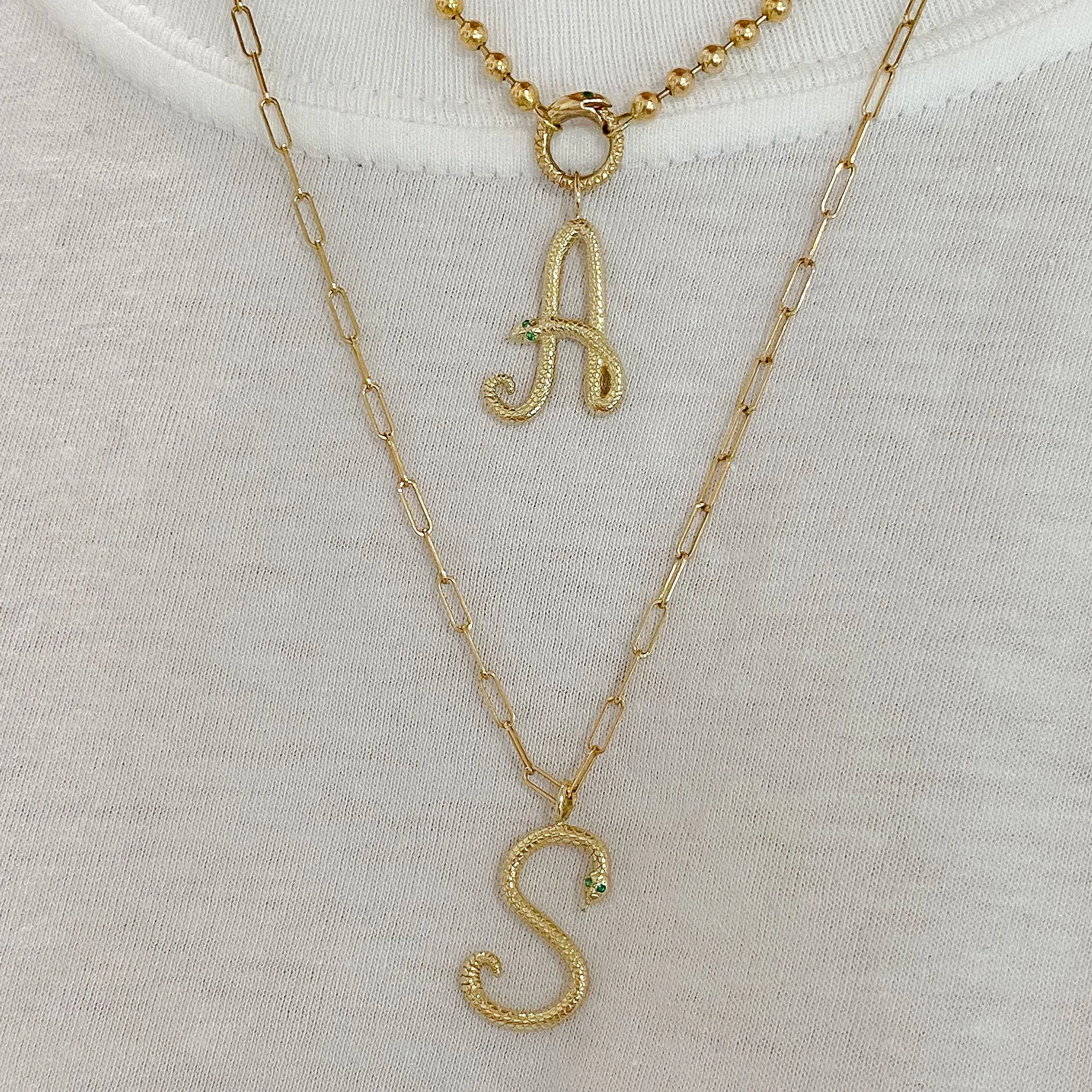 14K Gold Cursive Font Snake Initial Charm Pendant