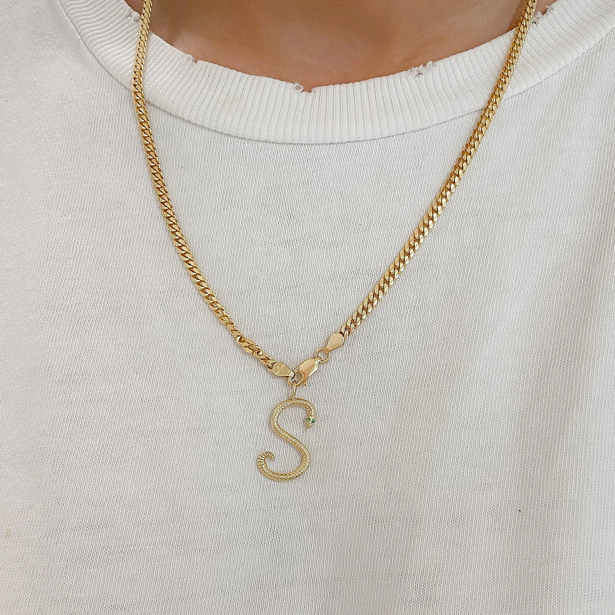 14K Gold Cursive Font Snake Initial Charm Pendant