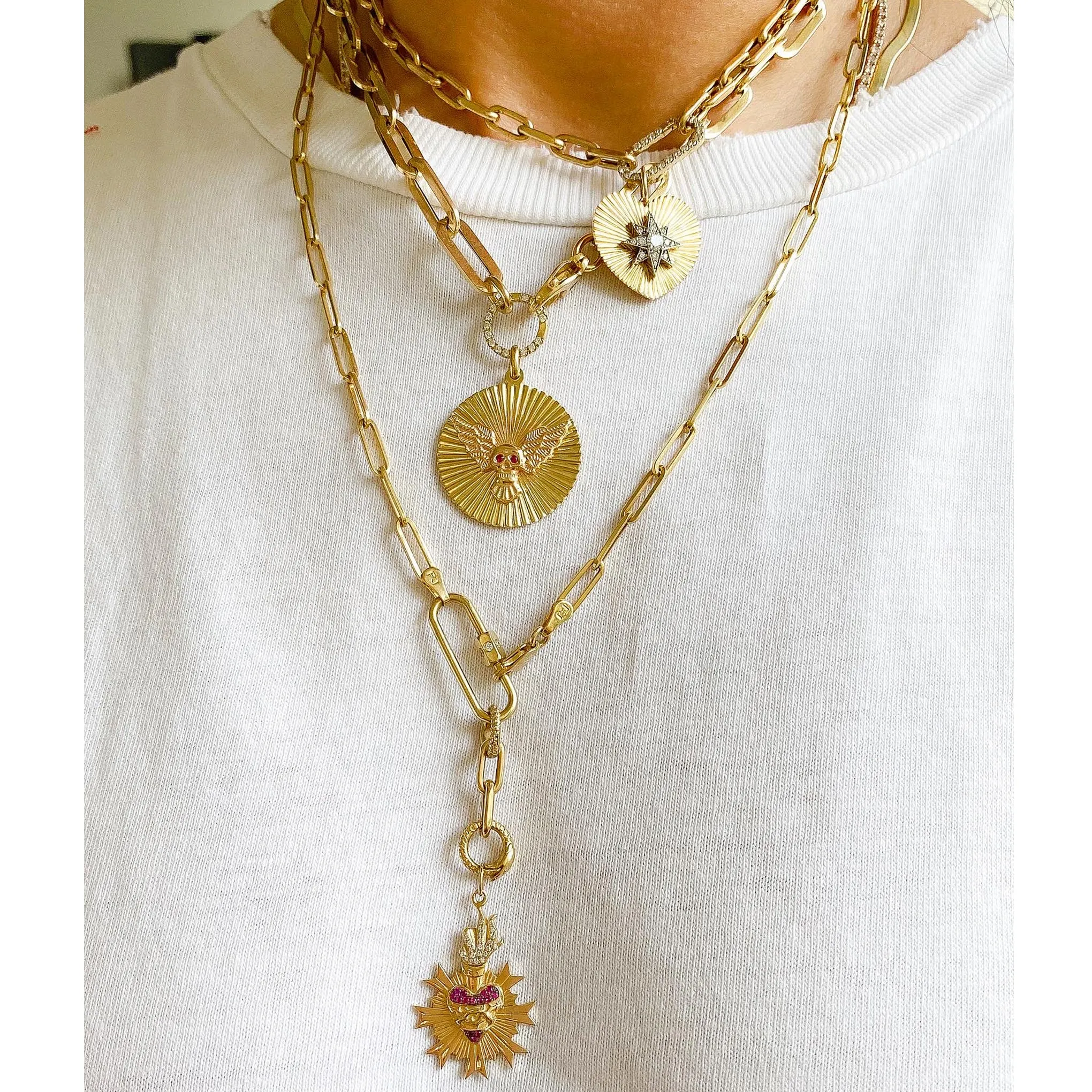 14K Gold Ruby Flying Skull Fluted Medallion Necklace