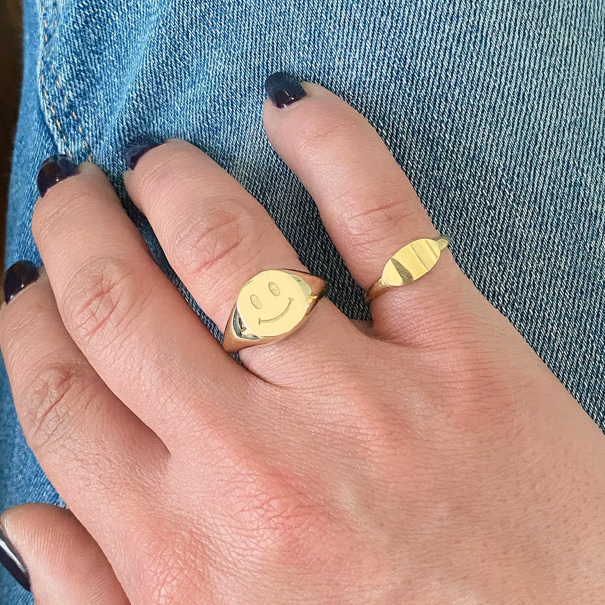 14K Gold Smiley Face Signet Ring