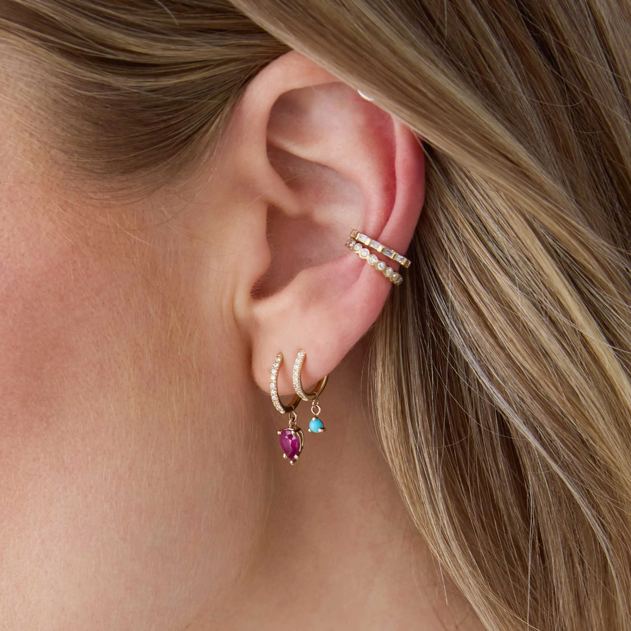 14k Medium Pavé Diamond Hinge Huggie Hoops with Pear Rubies
