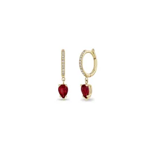 14k Medium Pavé Diamond Hinge Huggie Hoops with Pear Rubies