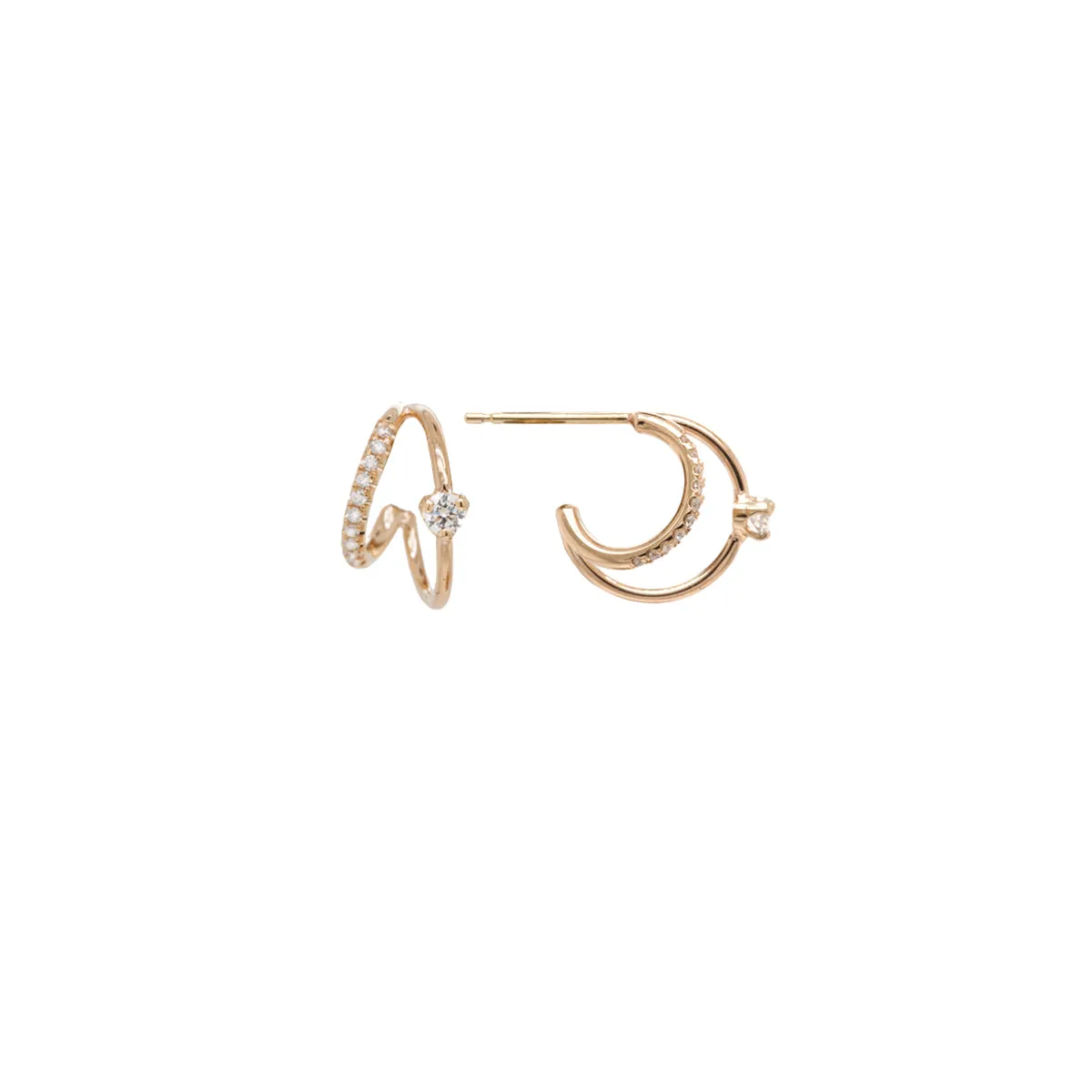14k Pavé & Prong Diamond Angled Double Wire Huggie Hoops
