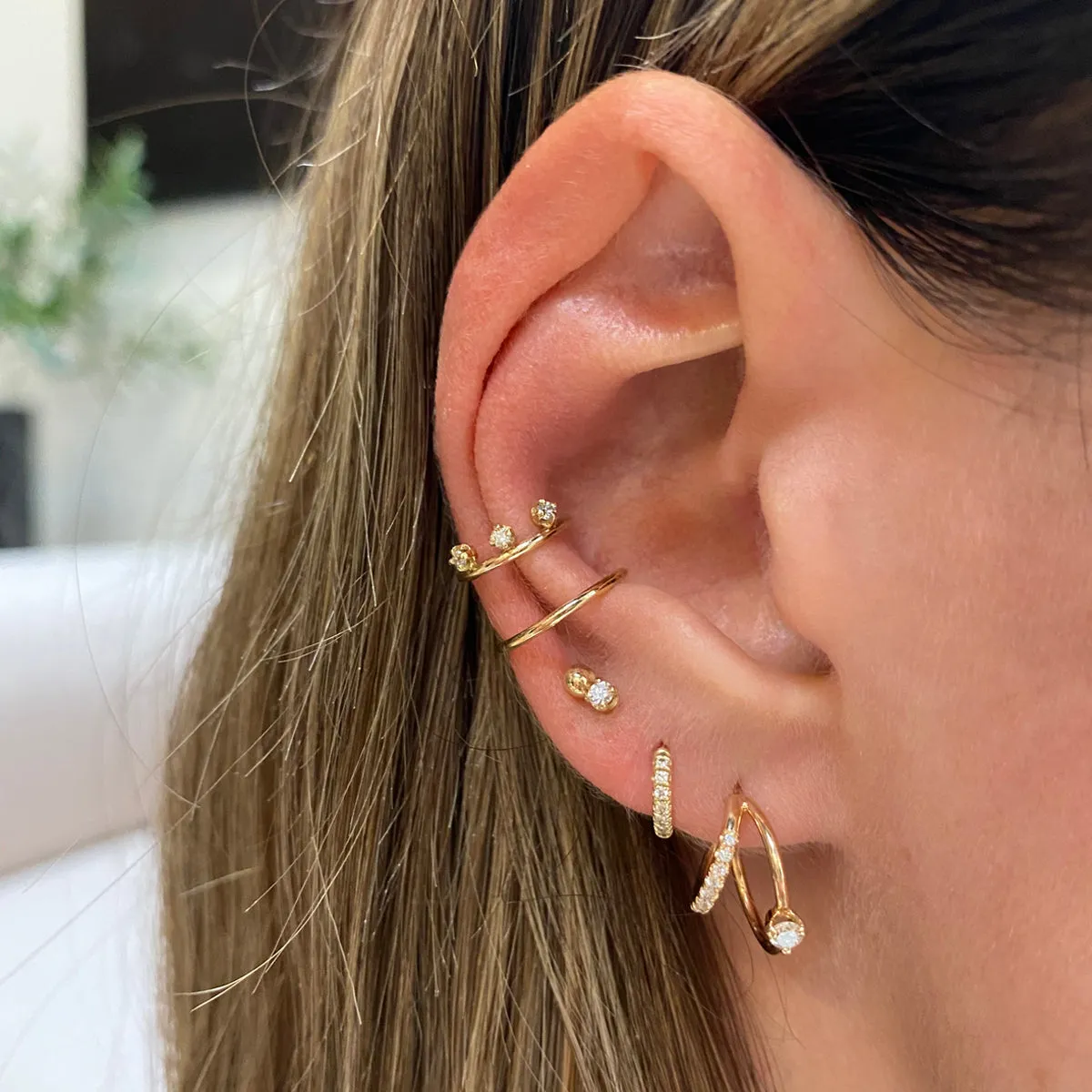 14k Pavé & Prong Diamond Angled Double Wire Huggie Hoops