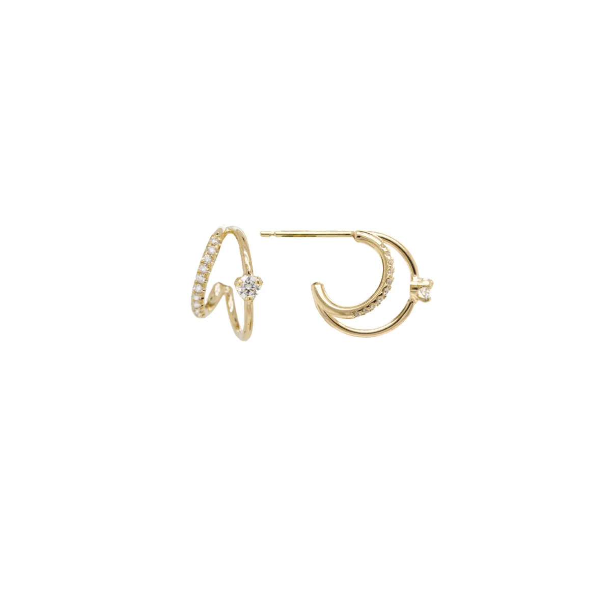 14k Pavé & Prong Diamond Angled Double Wire Huggie Hoops