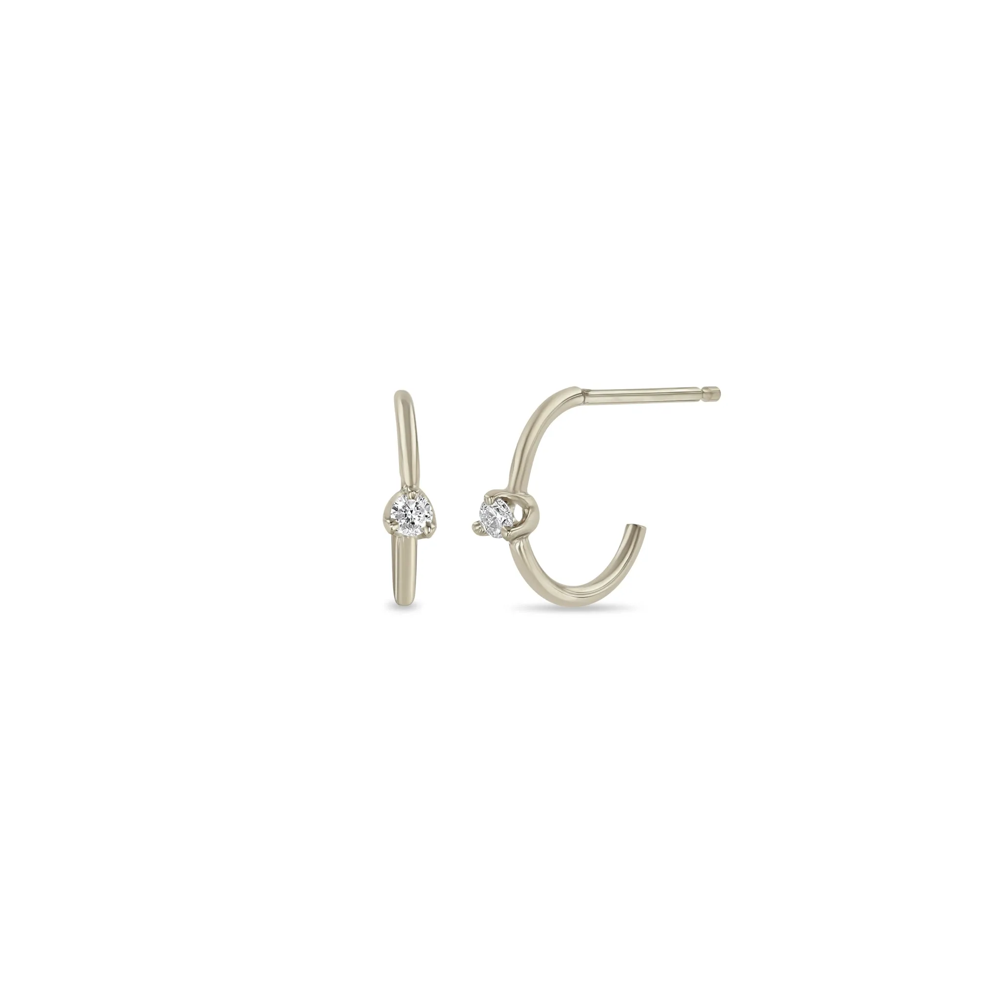 14k Prong Diamond Thin Huggie Hoops
