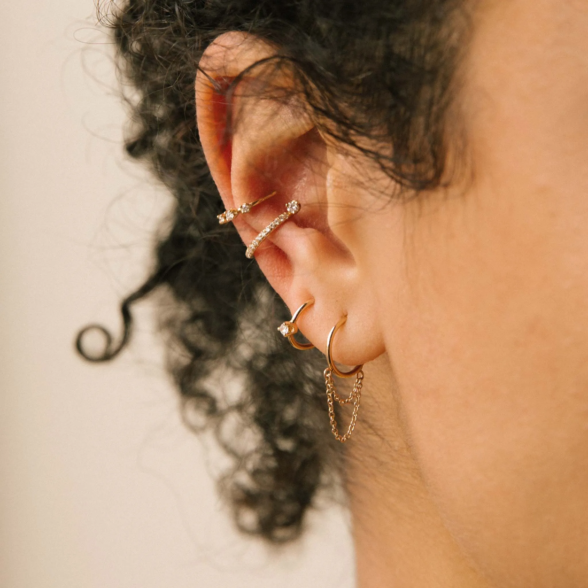 14k Prong Diamond Thin Huggie Hoops