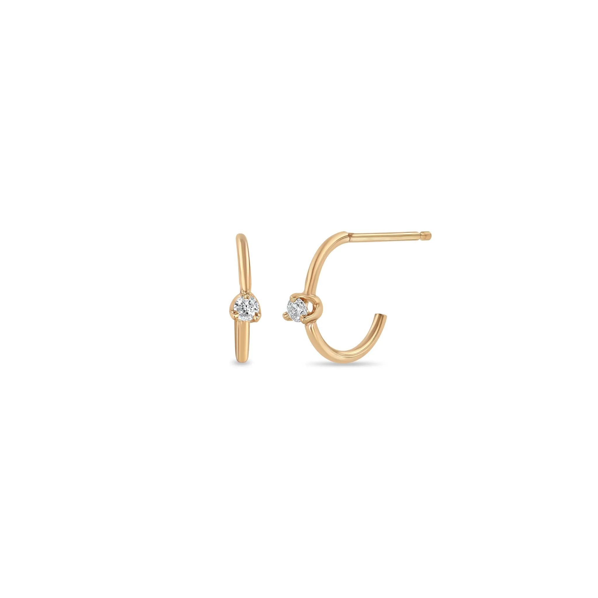 14k Prong Diamond Thin Huggie Hoops