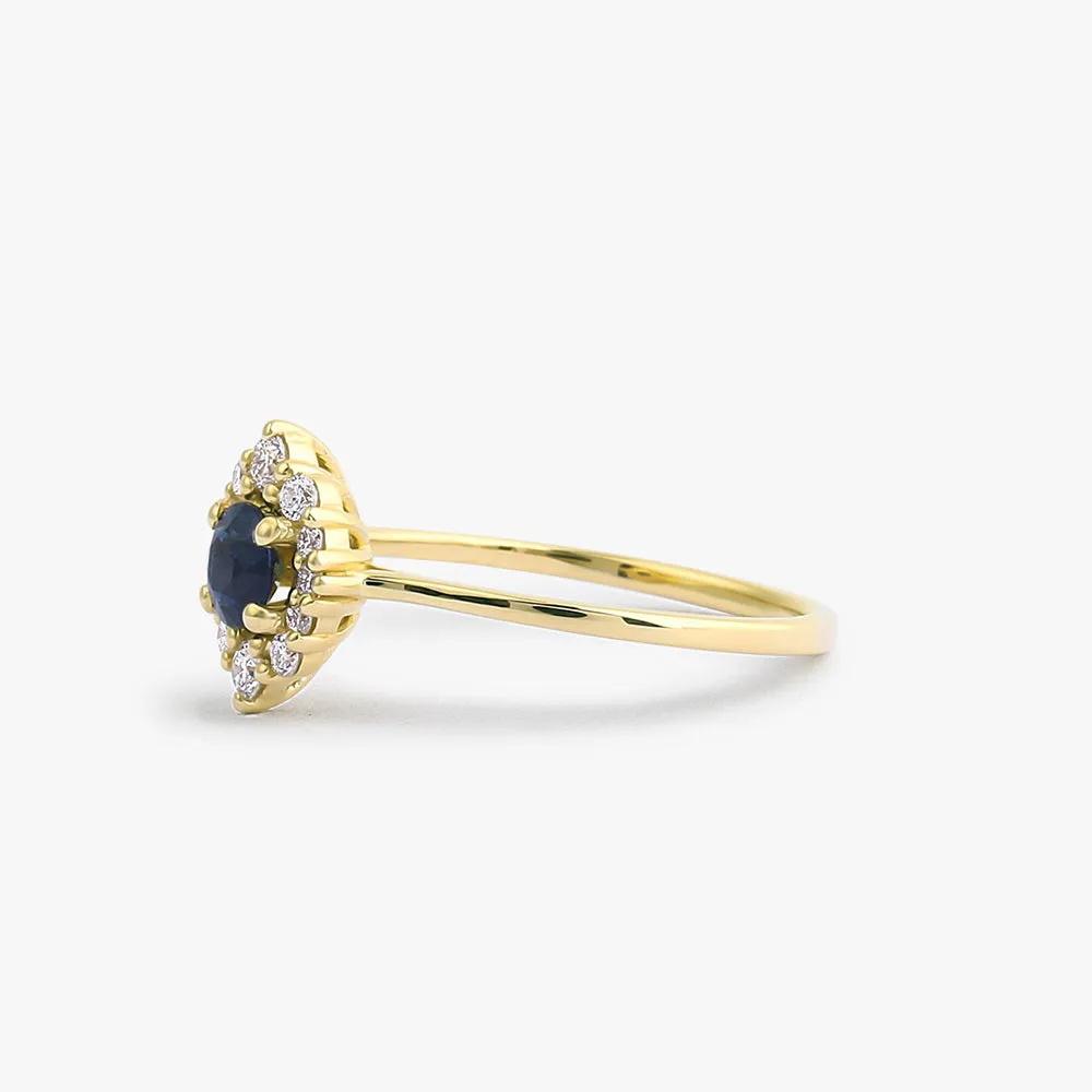 14k Round Sapphire Halo Diamond Engagement Ring
