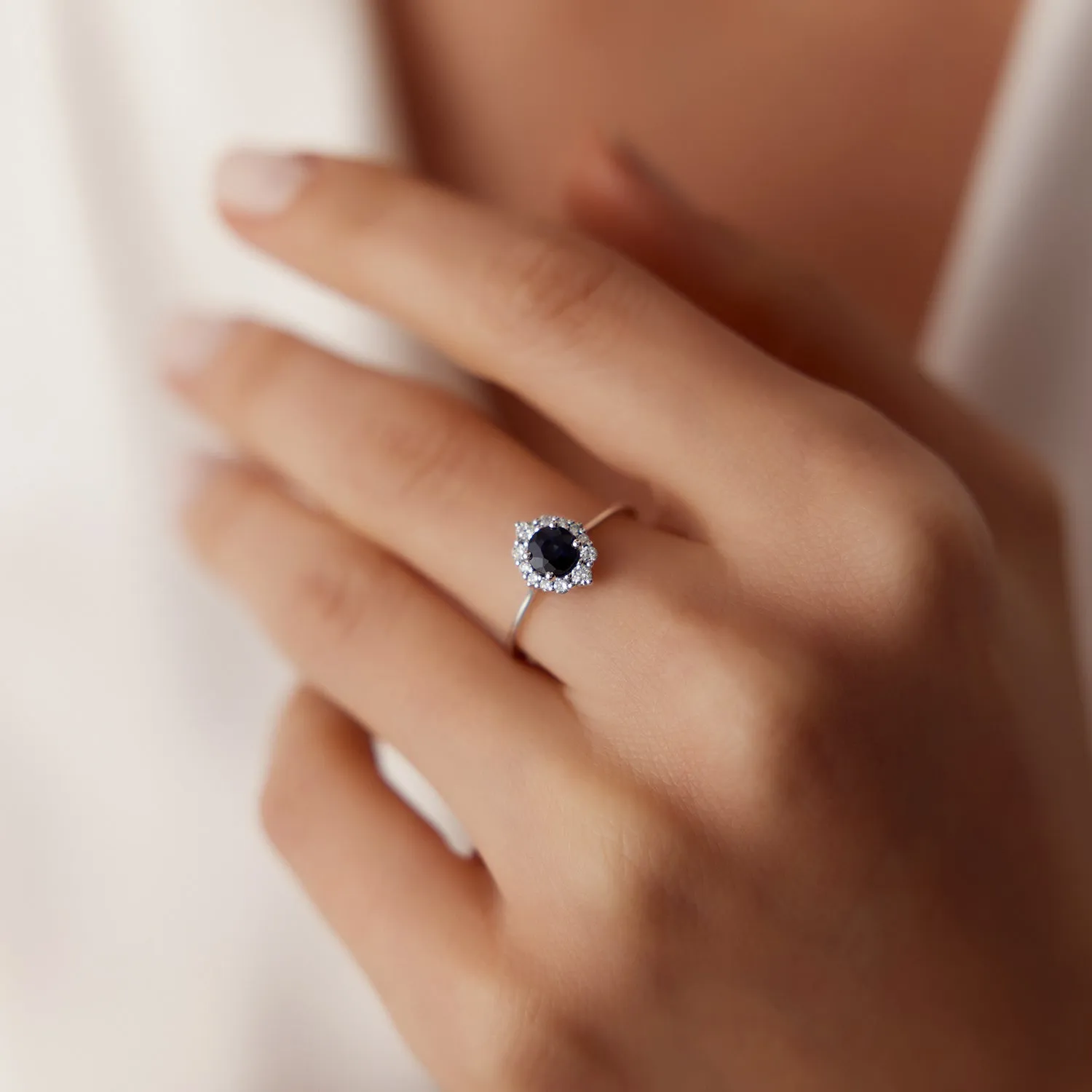 14k Round Sapphire Halo Diamond Engagement Ring