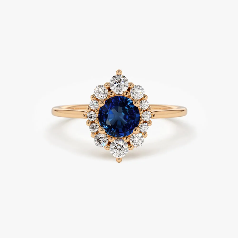 14k Round Sapphire Halo Diamond Engagement Ring