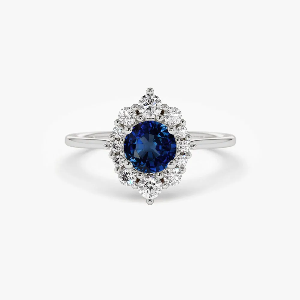 14k Round Sapphire Halo Diamond Engagement Ring