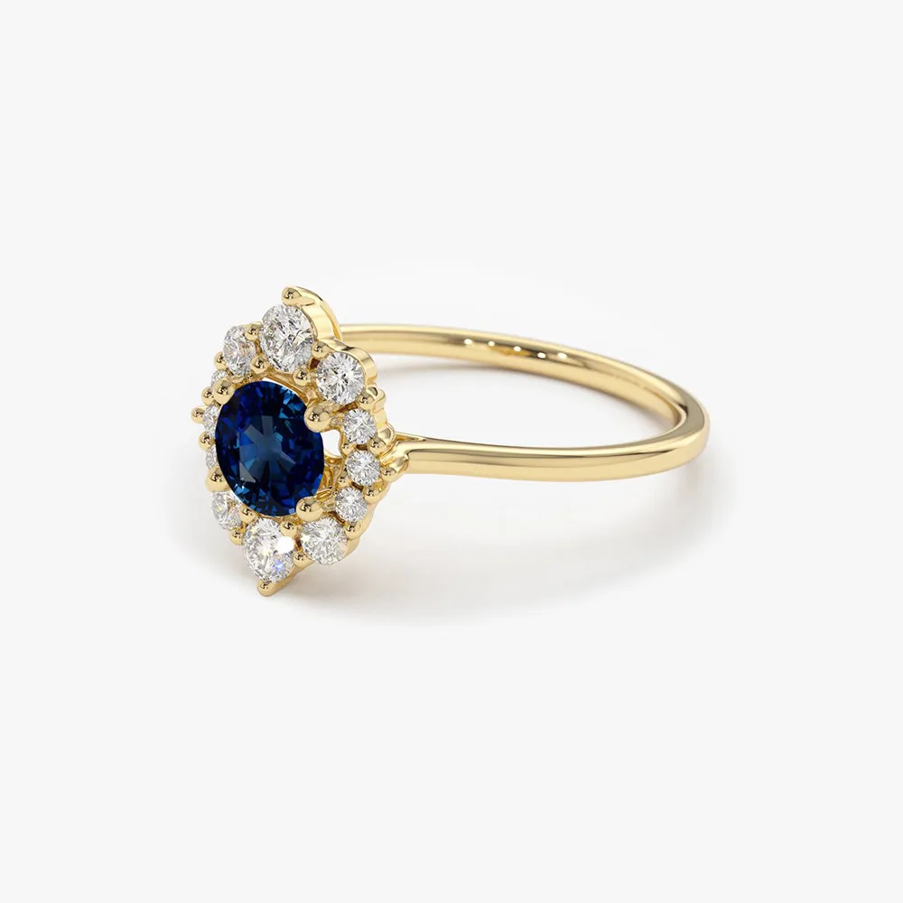14k Round Sapphire Halo Diamond Engagement Ring