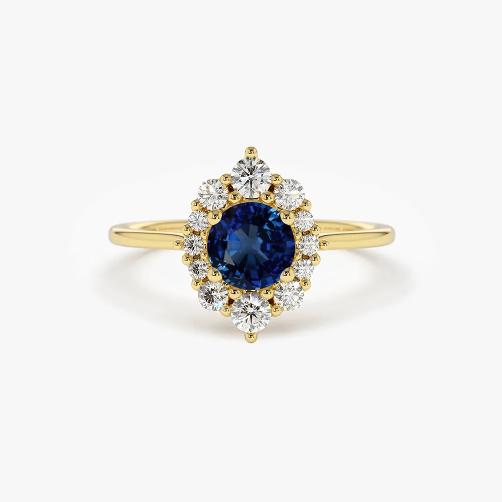 14k Round Sapphire Halo Diamond Engagement Ring