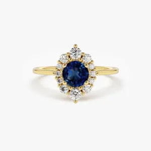 14k Round Sapphire Halo Diamond Engagement Ring